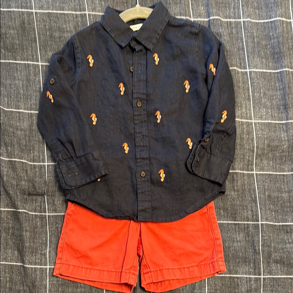 Janie and Jack Navy Linen Seahorse Shirt and Gymboree Coral Shorts Set 2T